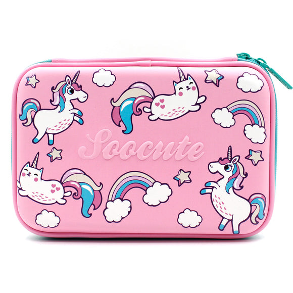 HARDTOP PENCIL CASE - PINK FLYING UNICORNS & CATS